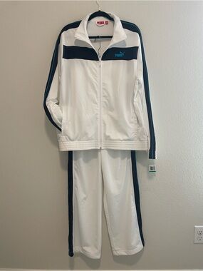 Puma White and Black Men’s Track Jacket & Pants Set with Teal Logo Size L